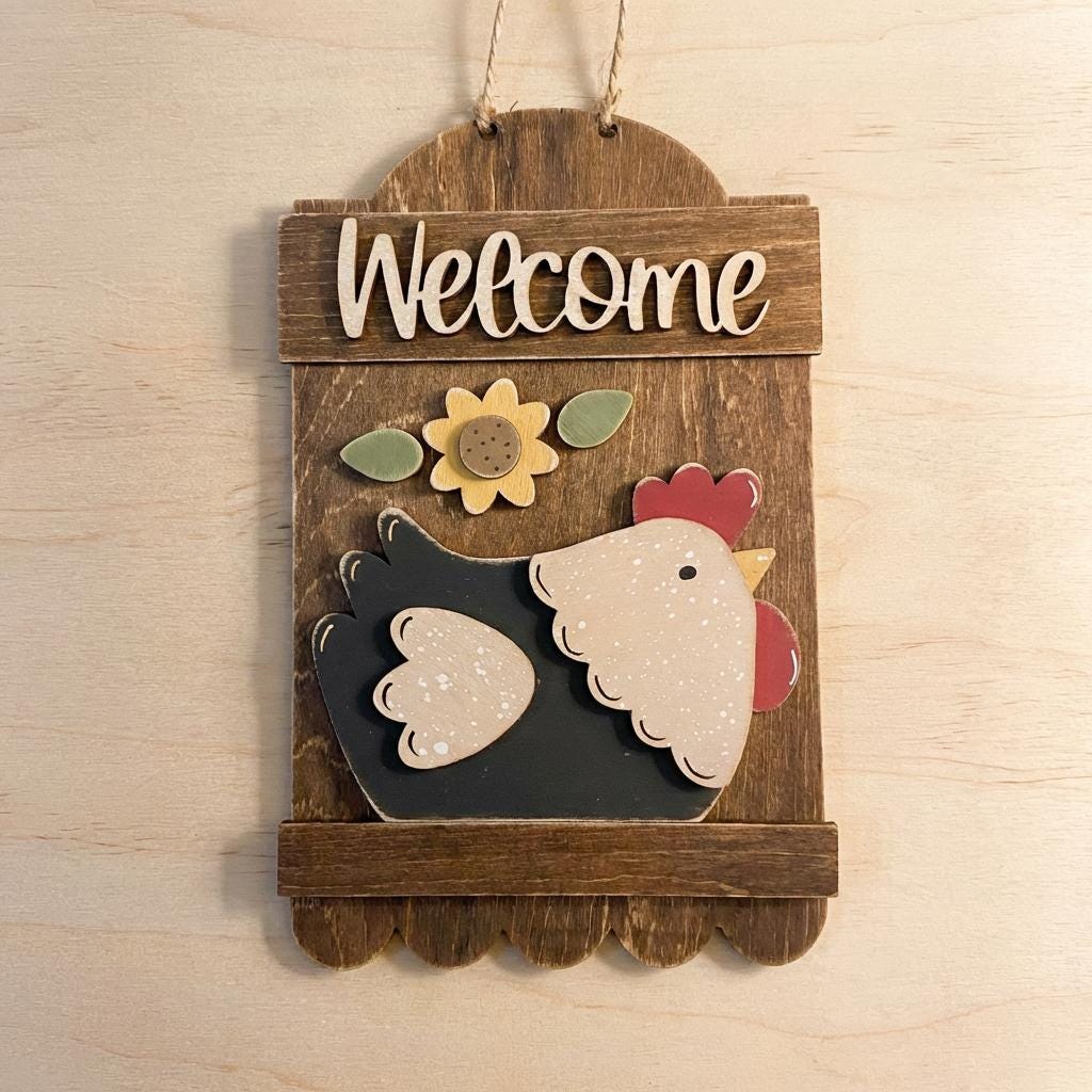 Farmhouse Chicken Welcome Sign | Rustic Layered Wood Hen Decor | Country Kitchen or Entryway Wall Sign