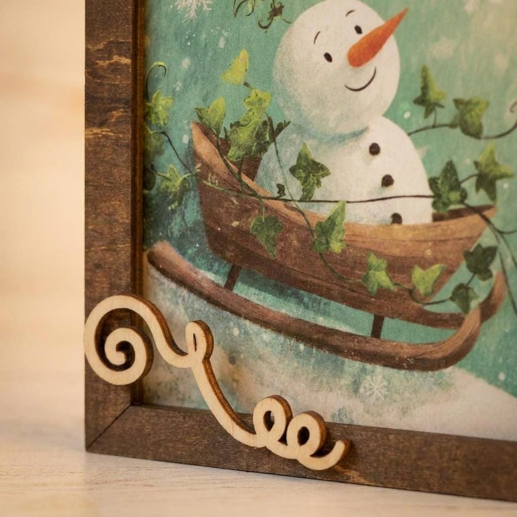 Snowman Art Sign 5.5 Inch – Rustic Farmhouse Winter Decor, Framed Snowman Wall Art, Cozy Christmas Shelf Sign, Handmade Wood Art