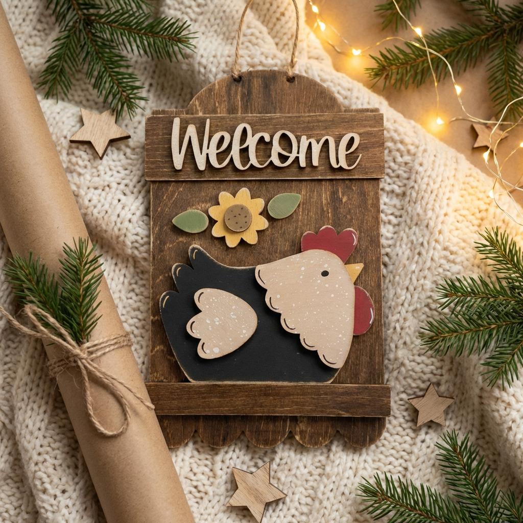 Farmhouse Chicken Welcome Sign | Rustic Layered Wood Hen Decor | Country Kitchen or Entryway Wall Sign