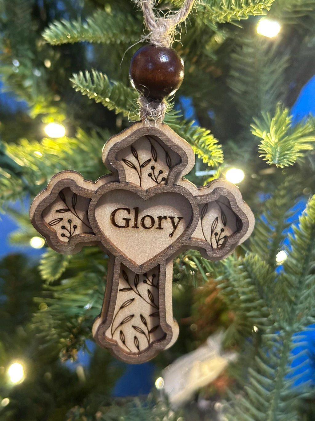 Rustic Cross Christmas Ornaments – Handcrafted Wooden "Glory" Cross Ornaments with Natural Bead, Two-Layer Design, Bulk/Wholesale Options