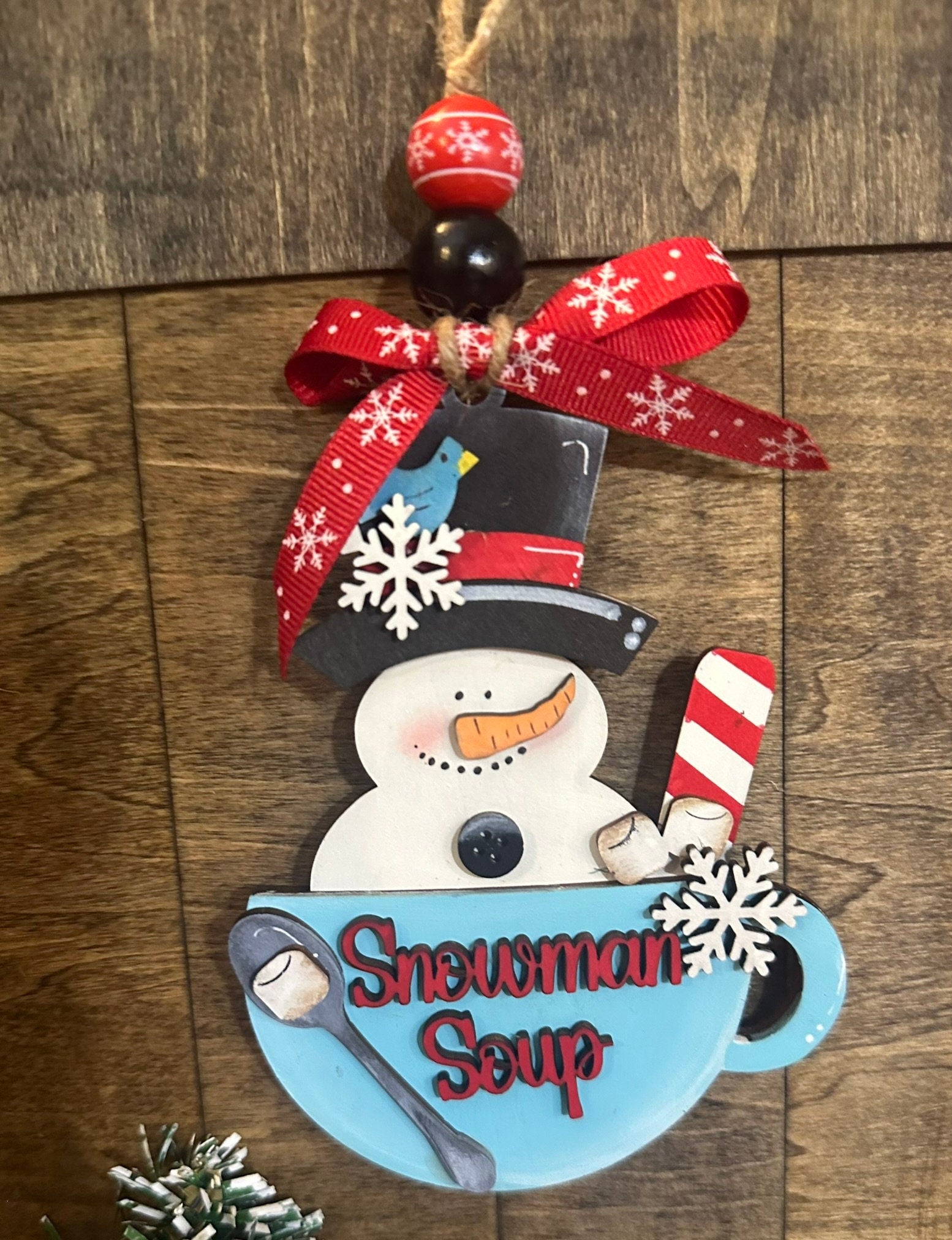 Handmade Snowman Soup Ornament – Rustic Christmas Decoration