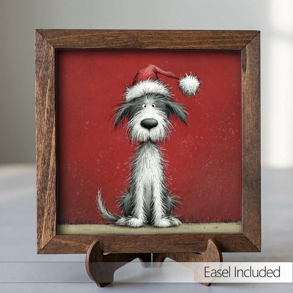 Funny Christmas Dog Framed Art | Whimsical Holiday Dog Illustration | Pet Lover Christmas Decor | Rustic Wood Frame | Easel Included