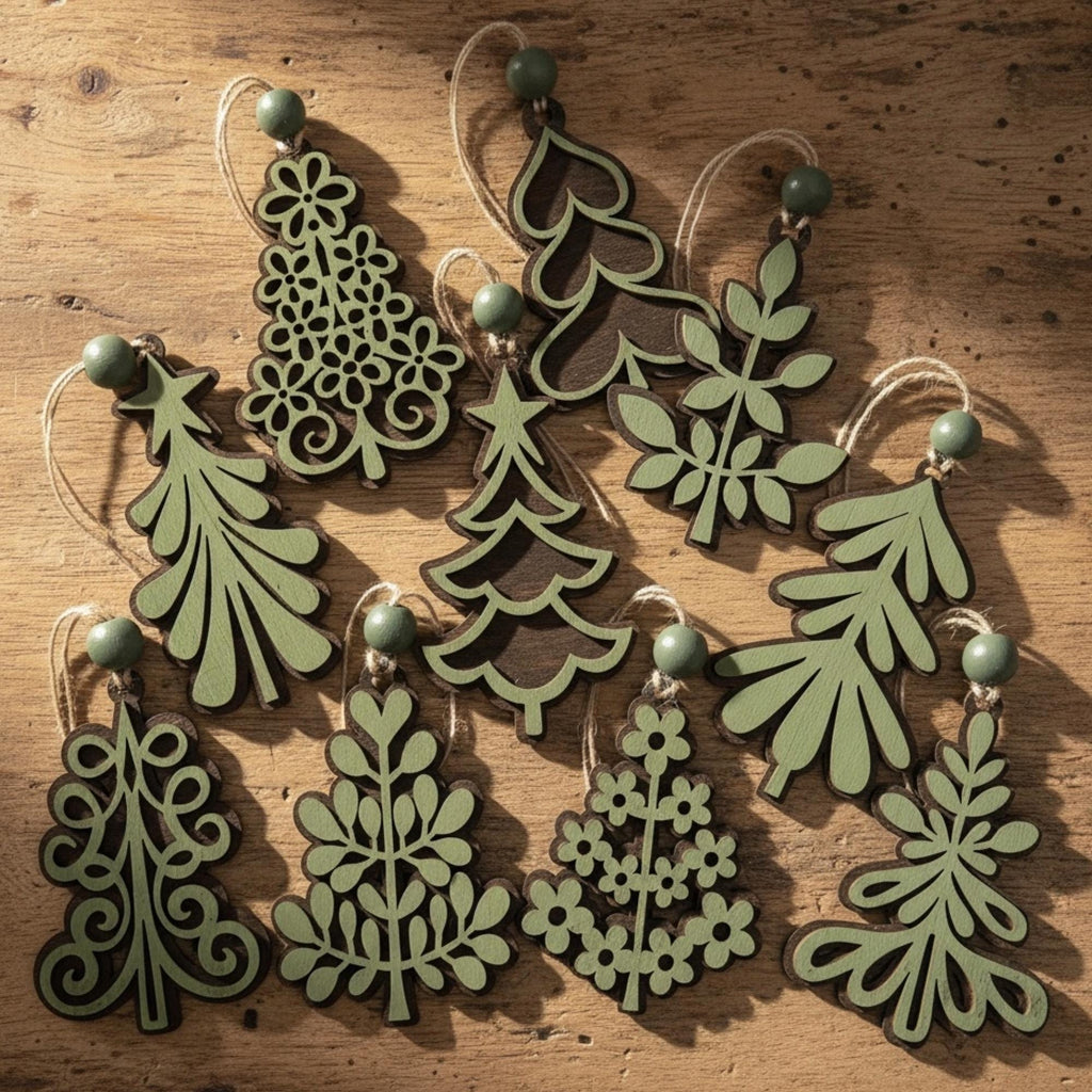 Rustic Green Layered Wood Tree and Leaf Ornaments – Set of 10 Handmade Christmas Decorations – Farmhouse Holiday Decor