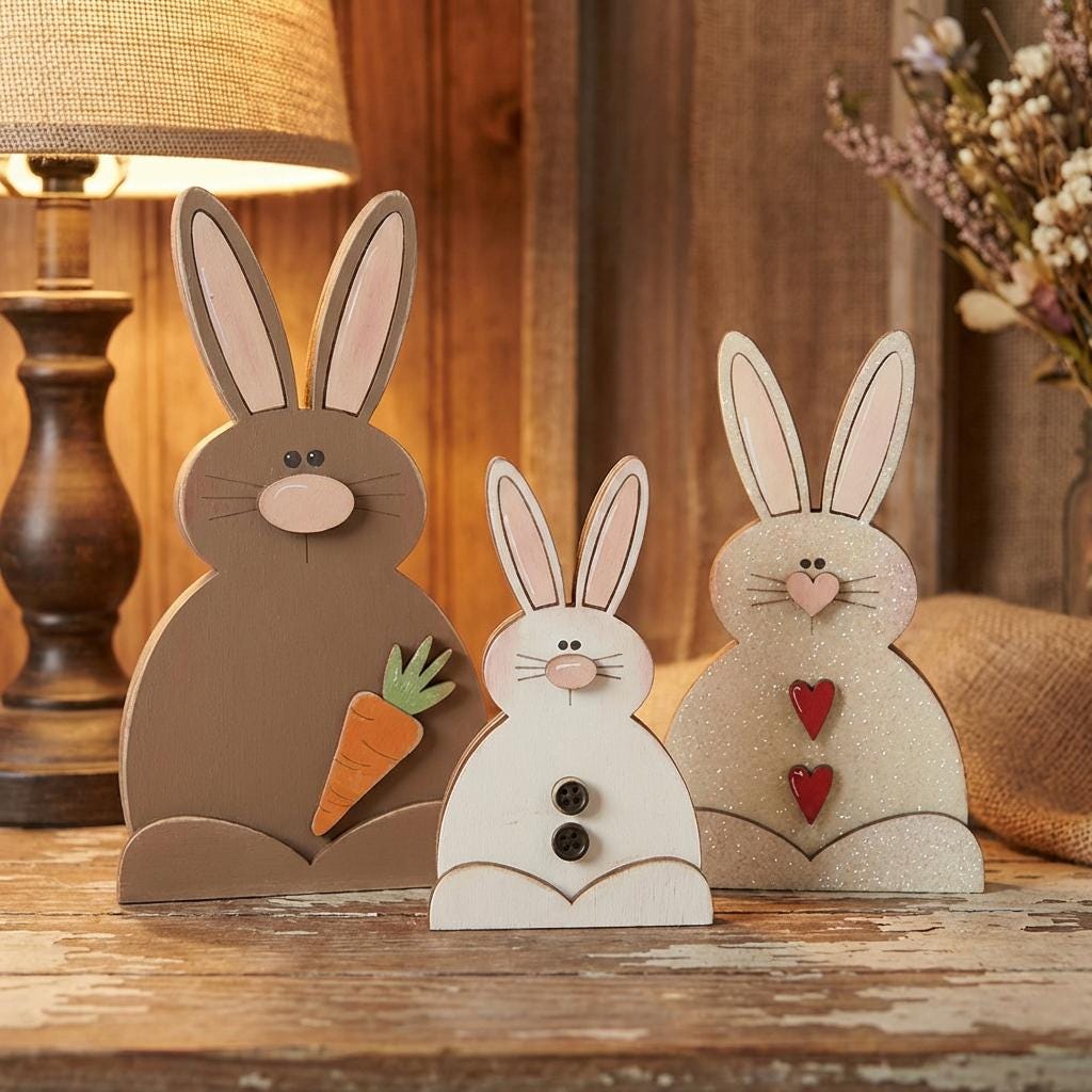 Painted Bunny Trio Shelf Decor – Farmhouse Easter Bunny Set – Spring Tiered Tray Decor – Wooden Bunny Trio