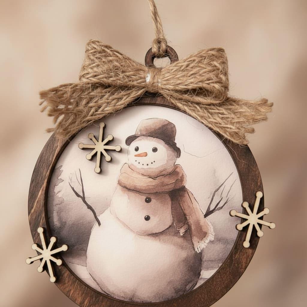 Rustic Snowman Christmas Ornament • Farmhouse Winter Decor • Layered Wood Ornament with Burlap Bow • Neutral Holiday Tree Decoration