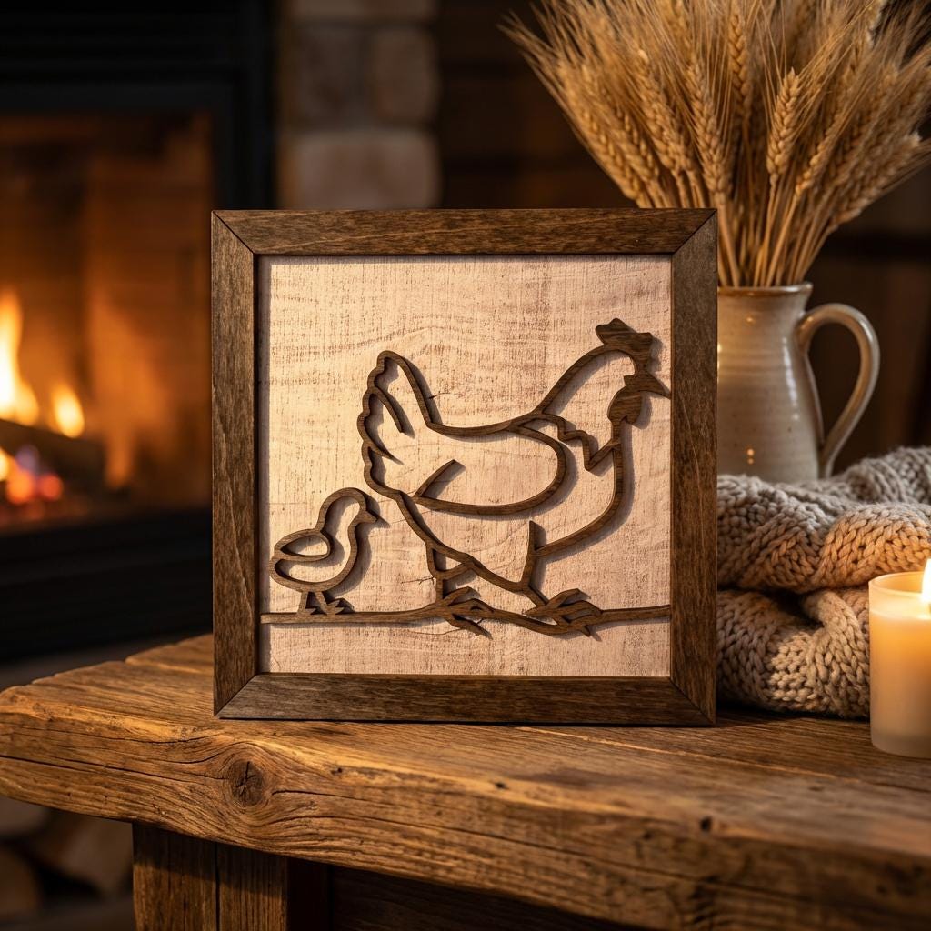 Rustic Farm Wall Art, Layered Wood Farm Decor, Hen & Chick Chicken Sign, Farmhouse Wall Hanging