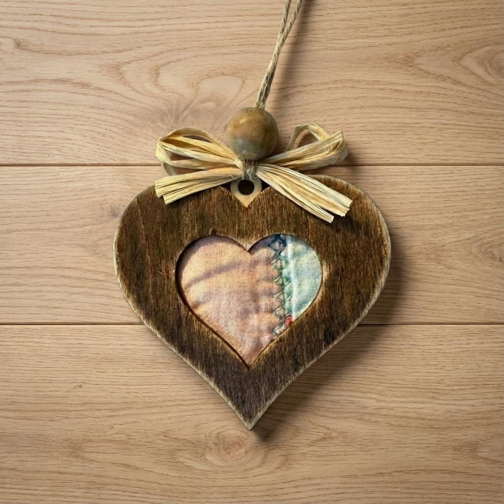 Reclaimed Quilt Heart Ornament – Rustic Fabric Heart – Handmade Valentine Ornament – Farmhouse Heart Deco