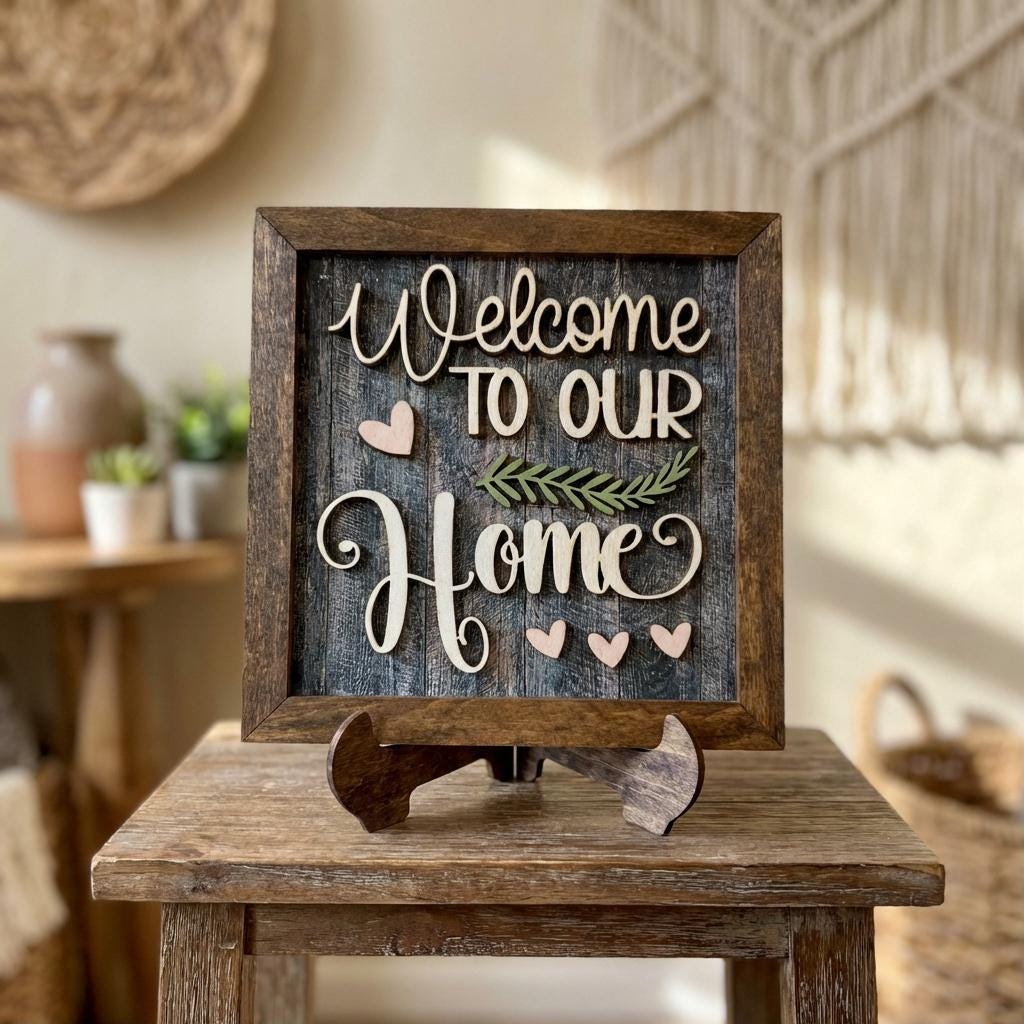 Welcome to Our Home Framed Wood Sign, Rustic Farmhouse Decor, Layered Wood Wall Art or Shelf Decor, Housewarming Gift