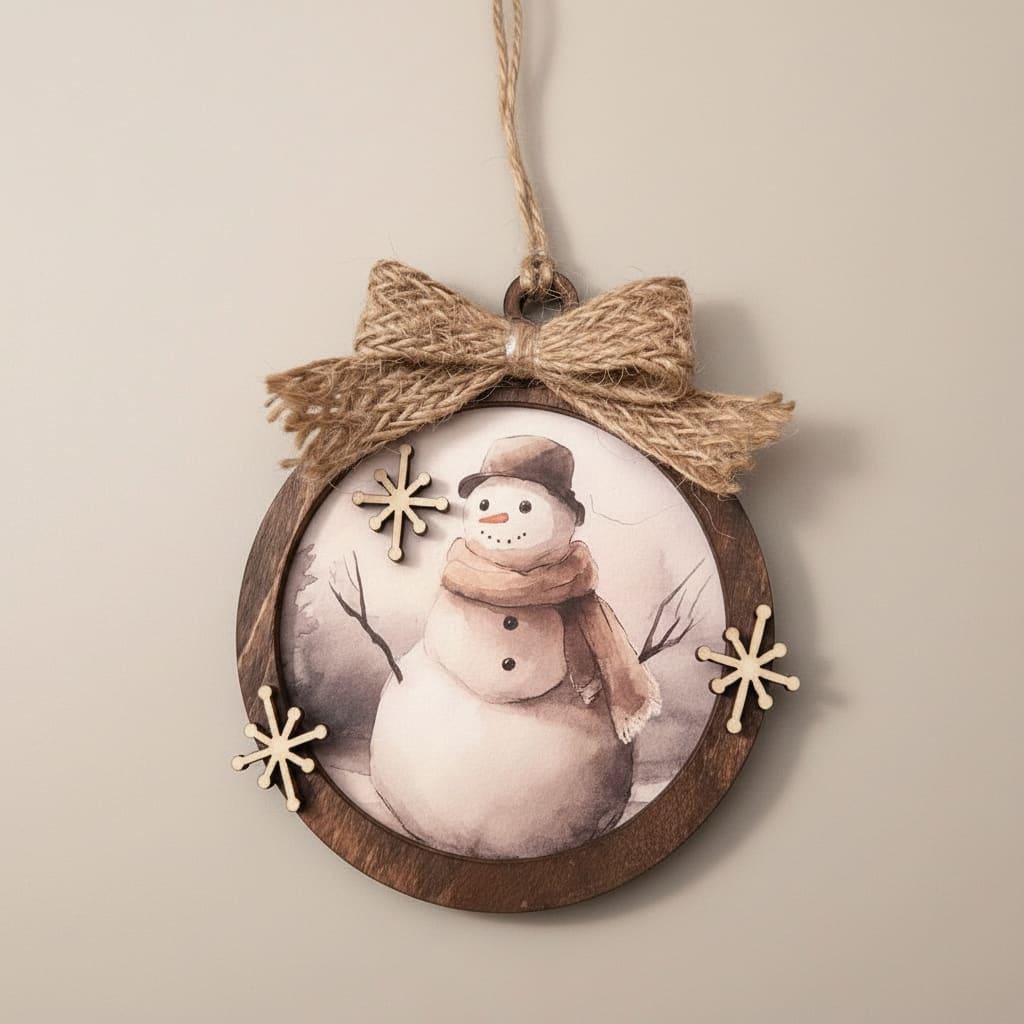 Rustic Snowman Christmas Ornament • Farmhouse Winter Decor • Layered Wood Ornament with Burlap Bow • Neutral Holiday Tree Decoration