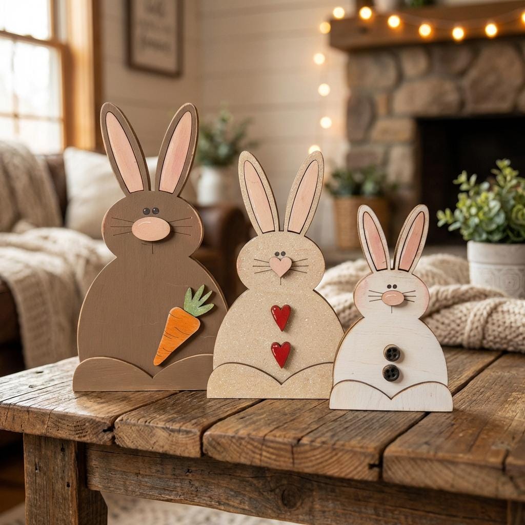 Painted Bunny Trio Shelf Decor – Farmhouse Easter Bunny Set – Spring Tiered Tray Decor – Wooden Bunny Trio
