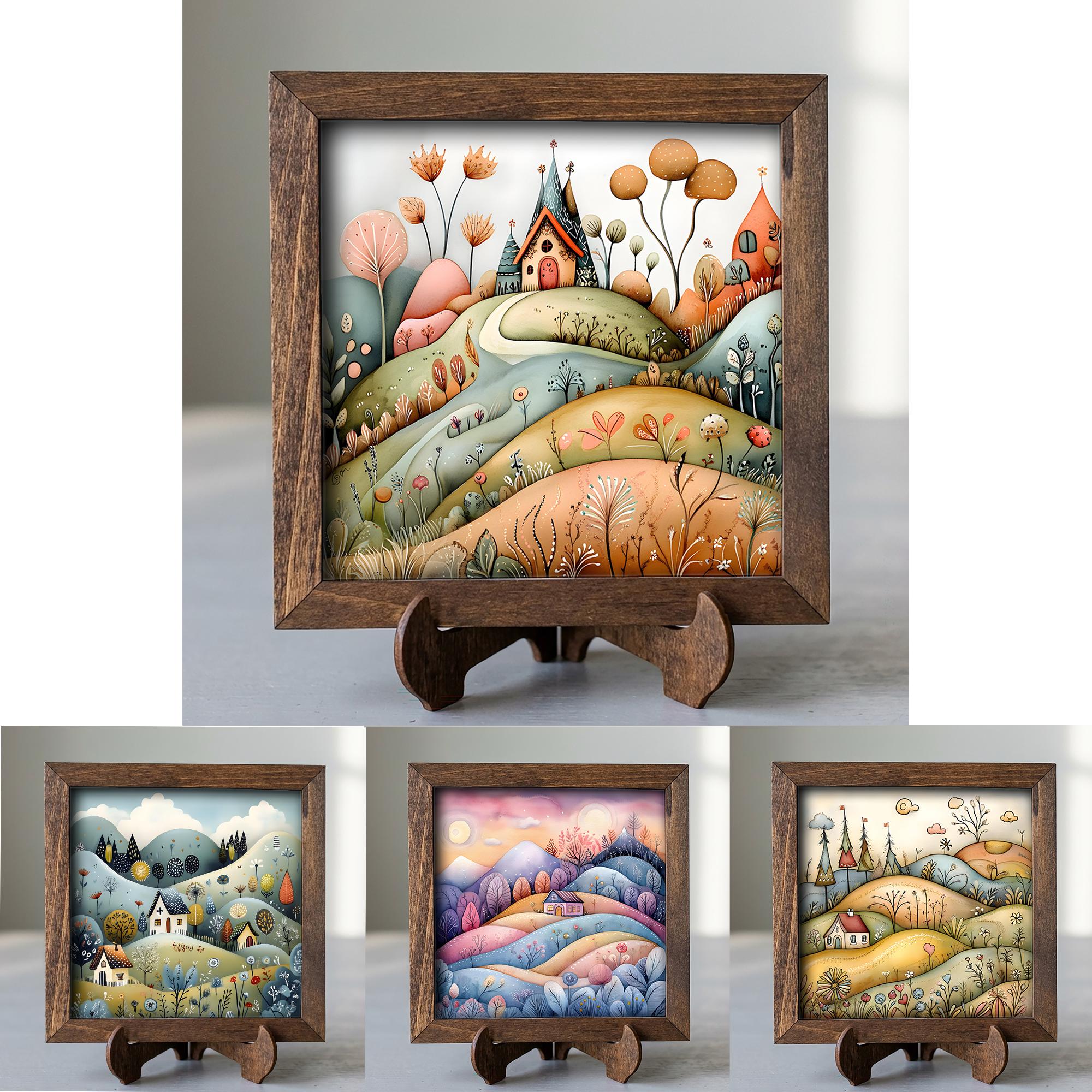 Whimsical City Art, Colorful Fantasy Town, Framed Shelf Decor