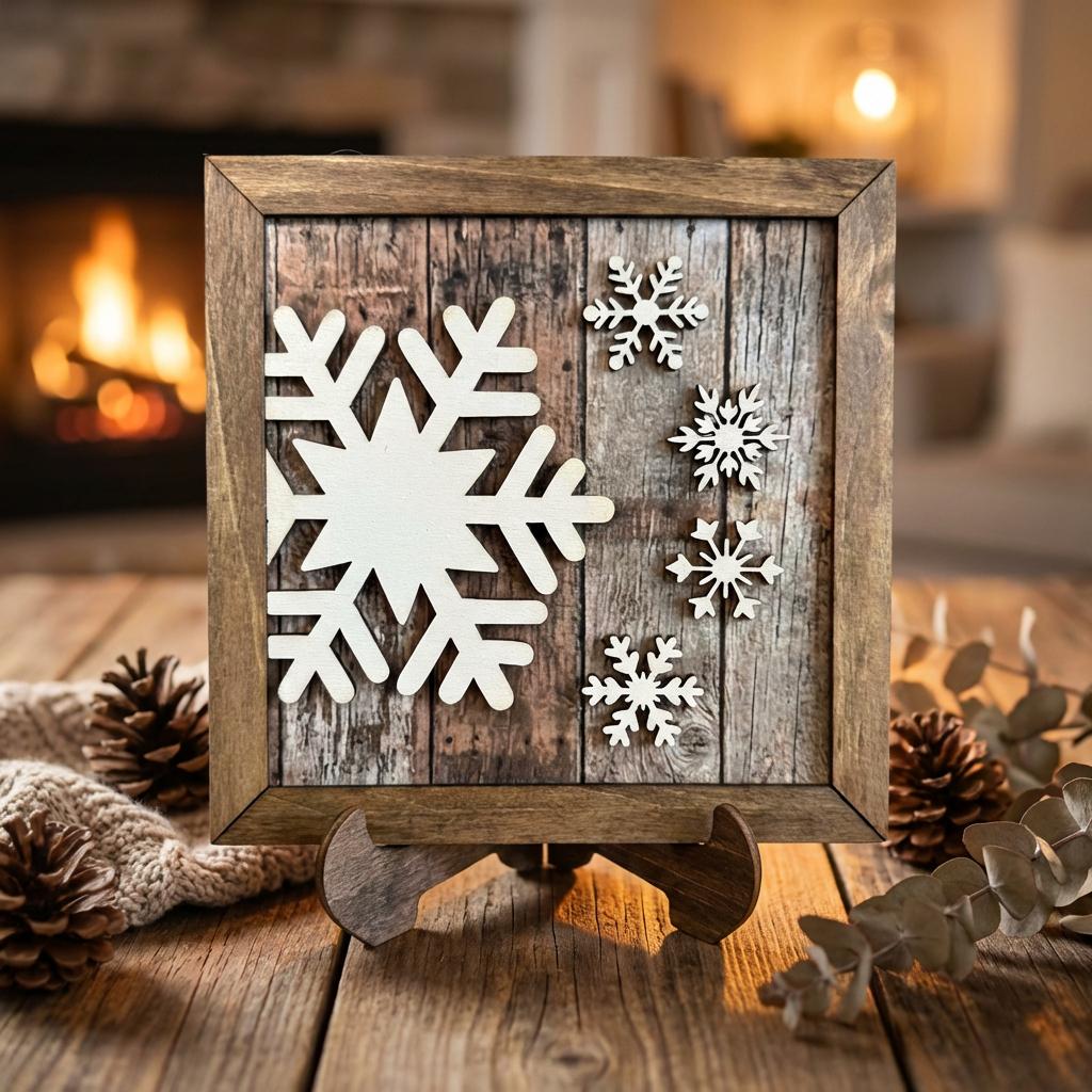 Winter Snowflake Sign, Layered Wood Snowflake Decor, Rustic Winter Shelf Sign, Farmhouse Winter Decor