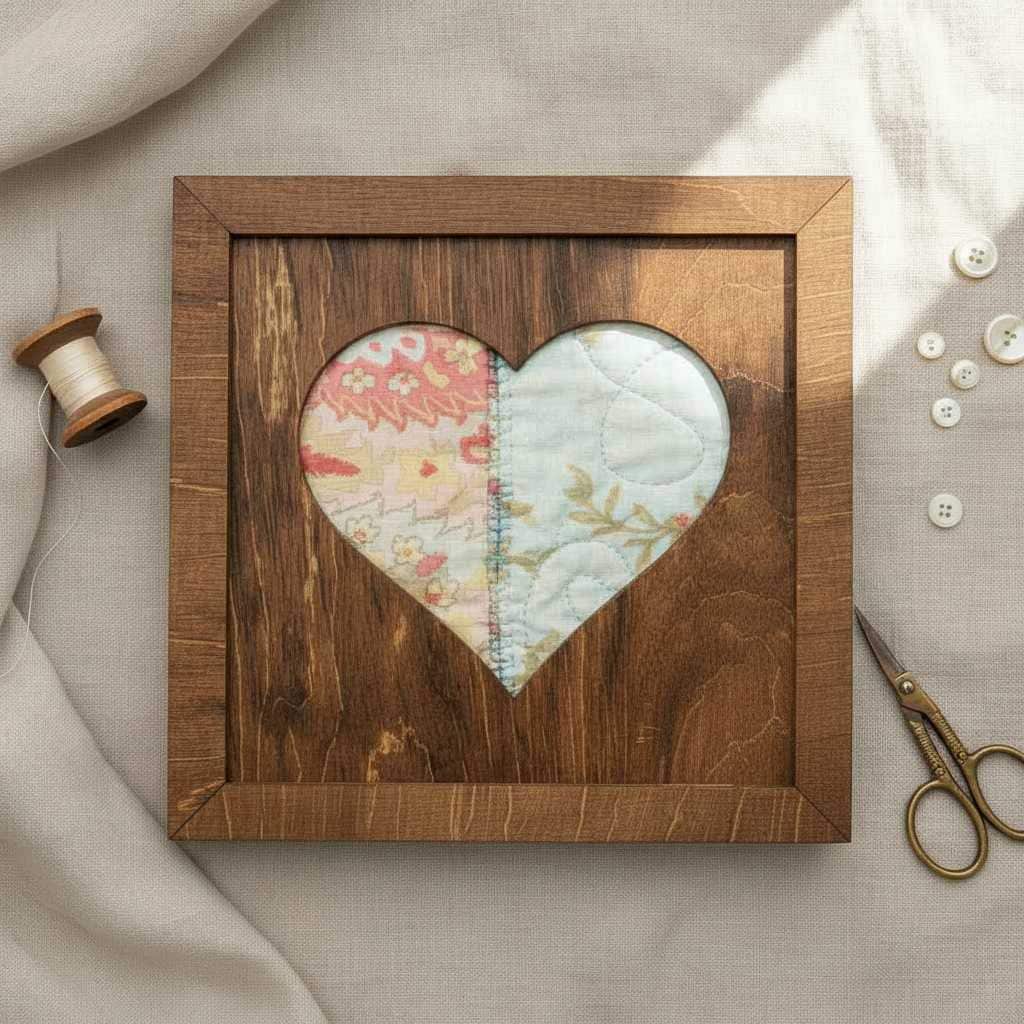 Reclaimed Quilt Heart Wood Sign and Easel – 5.5 Inch Rustic Valentine Decor – Handmade Quilt Fabric Heart – Farmhouse Home Decor