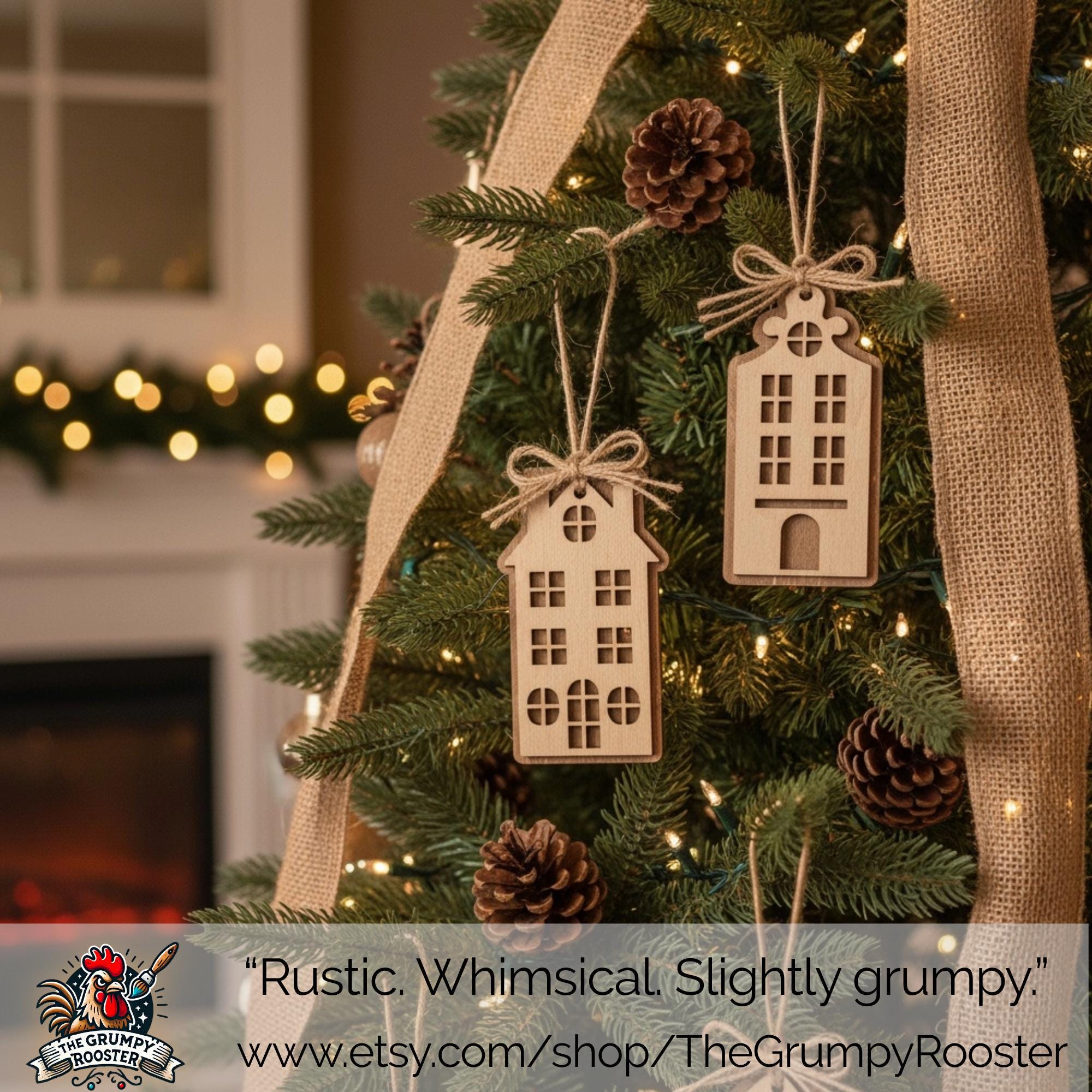 Rustic Wooden House Christmas Ornaments Scandinavian Farmhouse Village Set or Individual Layered Wood Holiday Decor Bulk Discounts Available