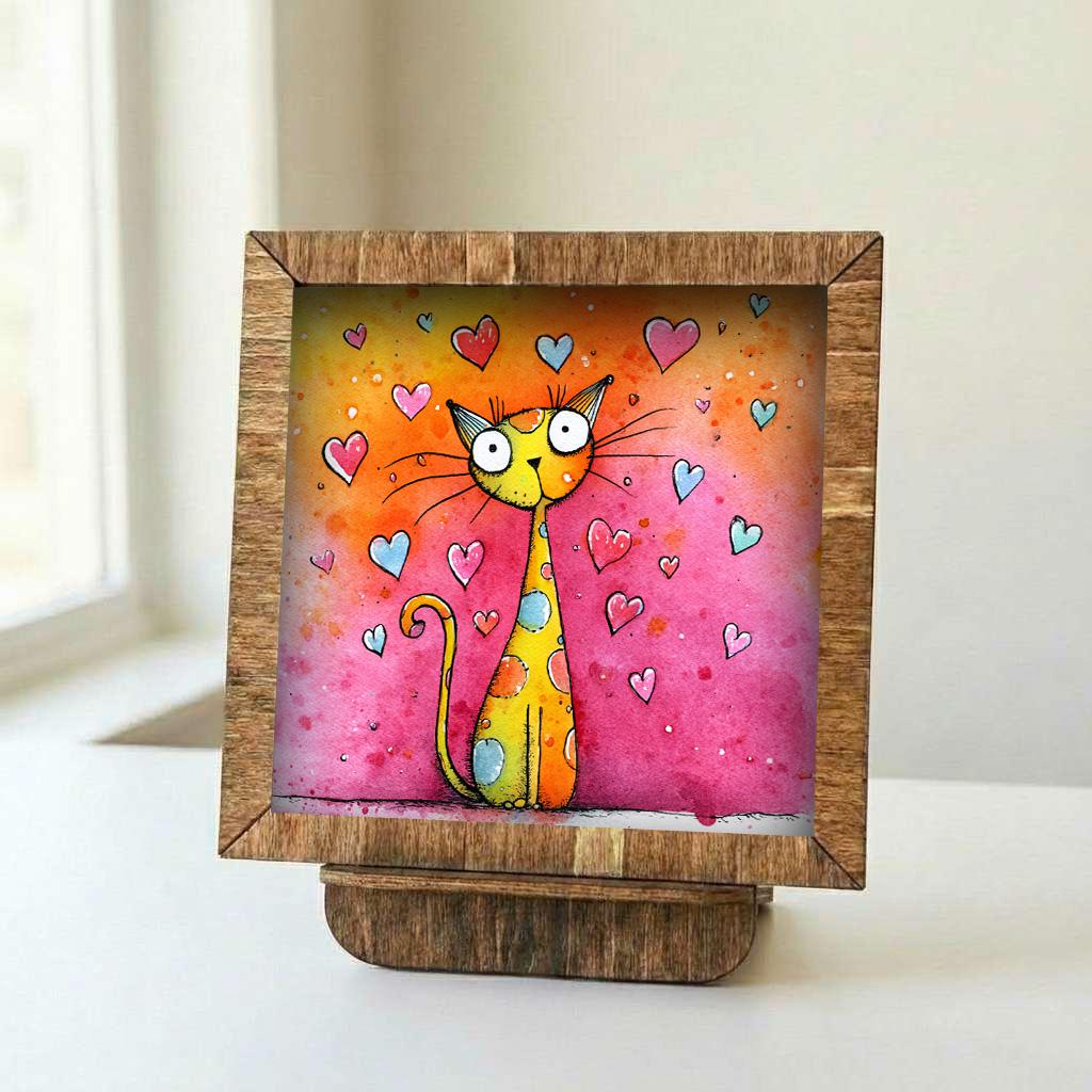 Whimsical Cat Love Art Framed Wall Decor 5.5 Inch | Cute Cat Valentine Gift | Colorful Farmhouse Cat Illustration