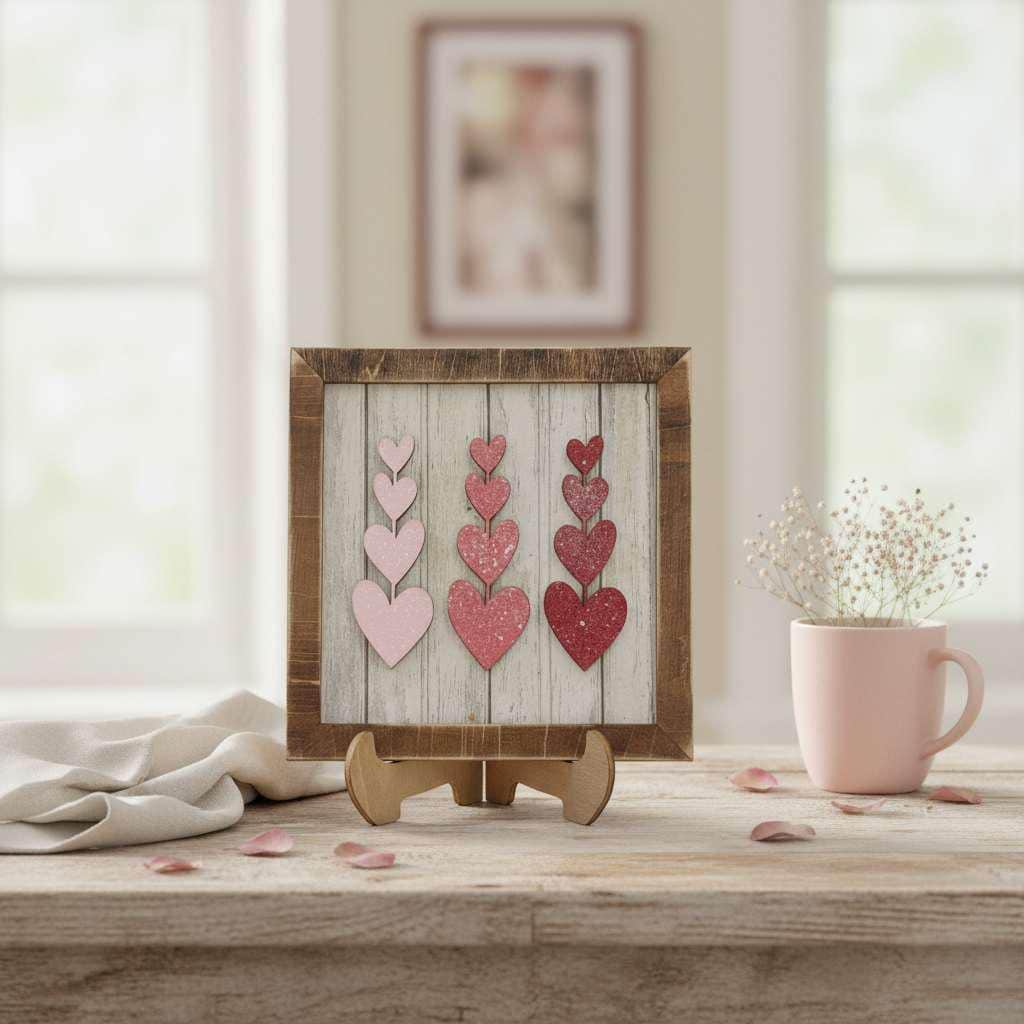 Tiered Heart Art Sign with Easel – 5.5” Square Shelf Decor – Rustic Farmhouse Tiered Tray Valentine Decor