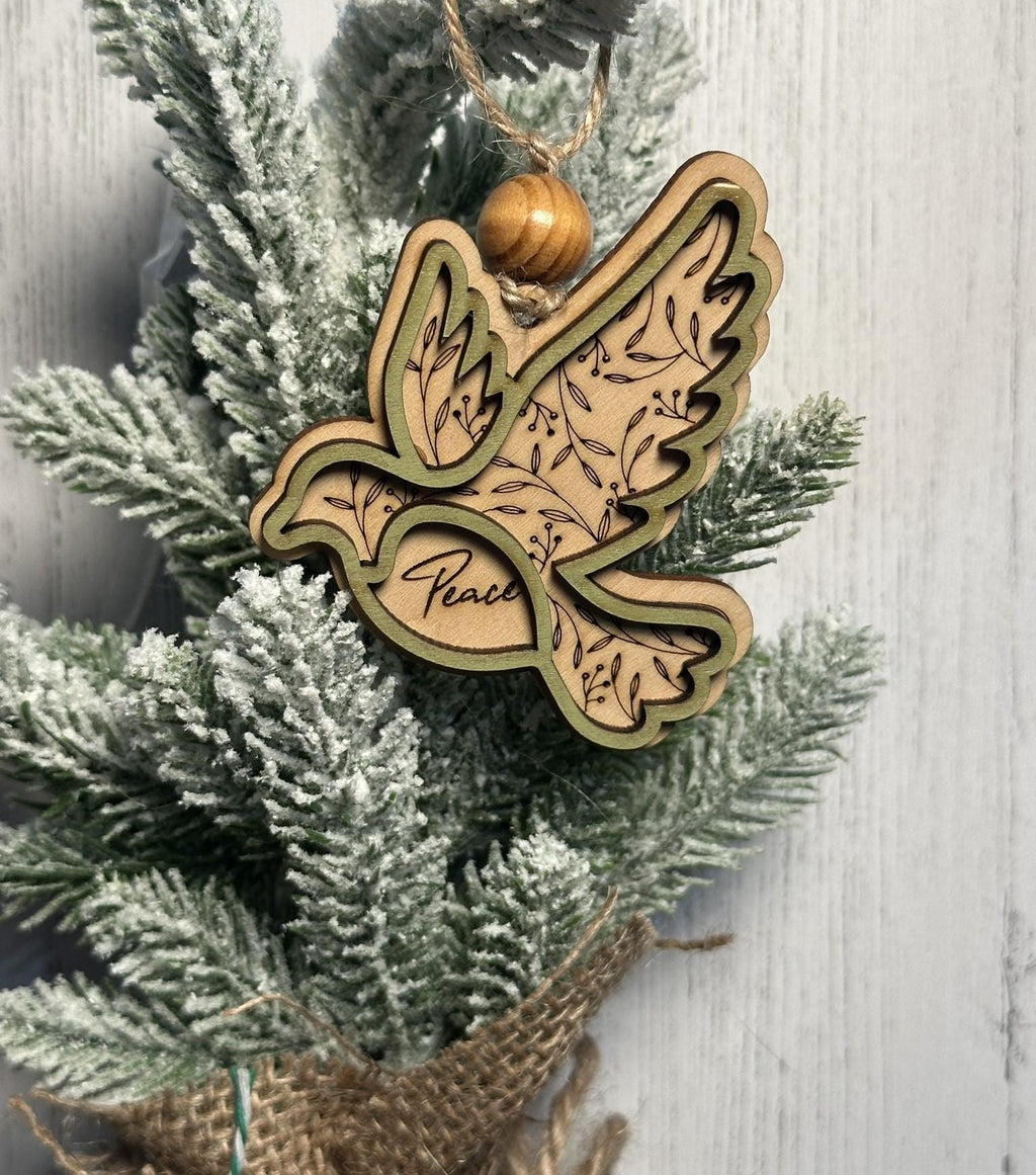 Rustic Peace Dove Christmas Ornaments – Handcrafted Wooden Ornaments - Bulk/Wholesale Options, Two-Tone Layered Design, Brown & Green Trim