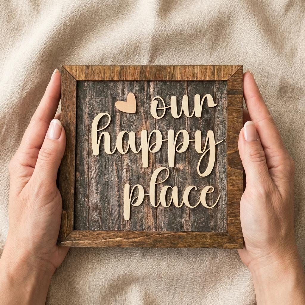 Our Happy Place Framed Wood Sign, Rustic Farmhouse Decor, Layered Wood Wall Art or Shelf Decor, Housewarming Gift