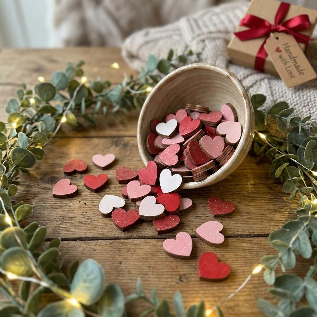 Mini Wooden Heart Decor – Set of 7 – Rustic Valentine Shelf & Bowl Filler