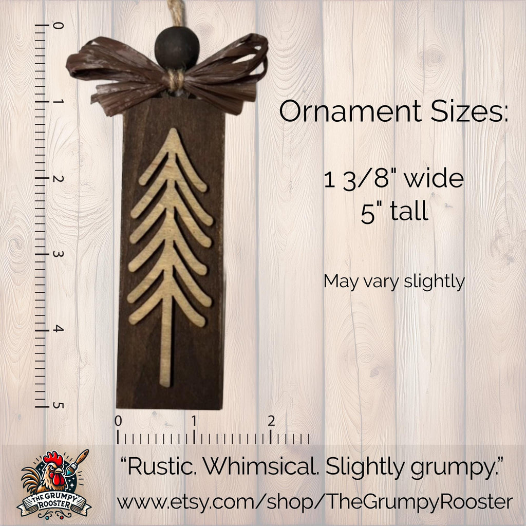 Rustic Evergreen Tree Ornaments – Set of 3 – Tall Layered Wood Design with Brown Bow – Limited Edition Handmade Christmas Decor
