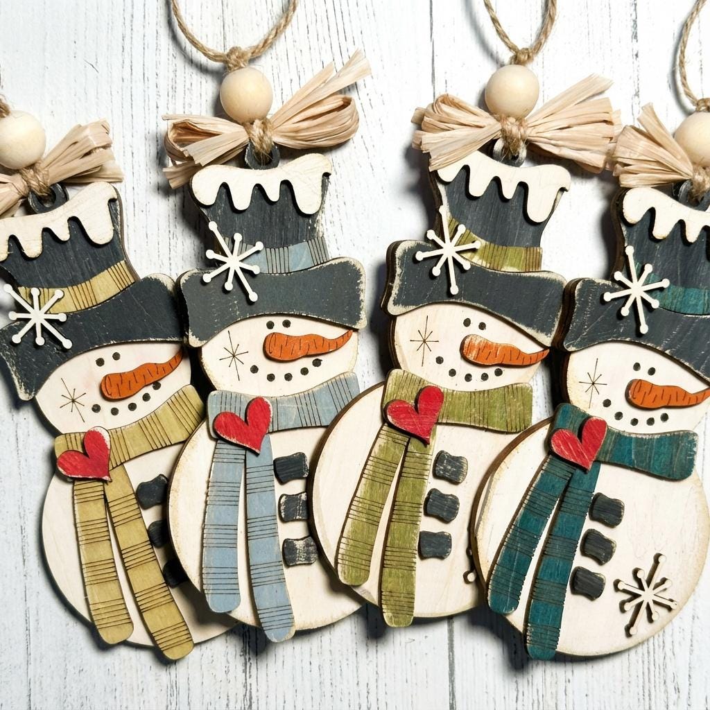 Handmade Rustic Snowman Ornament - Perfect Christmas Tree Decoration, Farmhouse Winter Holiday Decor, Layered Wood Snowman, Handmade Gift