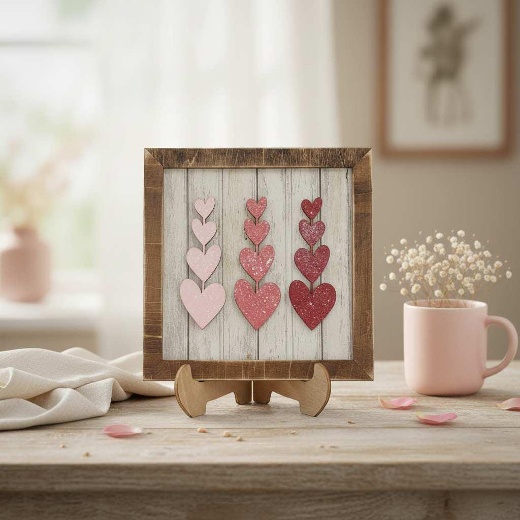 Tiered Heart Art Sign with Easel – 5.5” Square Shelf Decor – Rustic Farmhouse Tiered Tray Valentine Decor