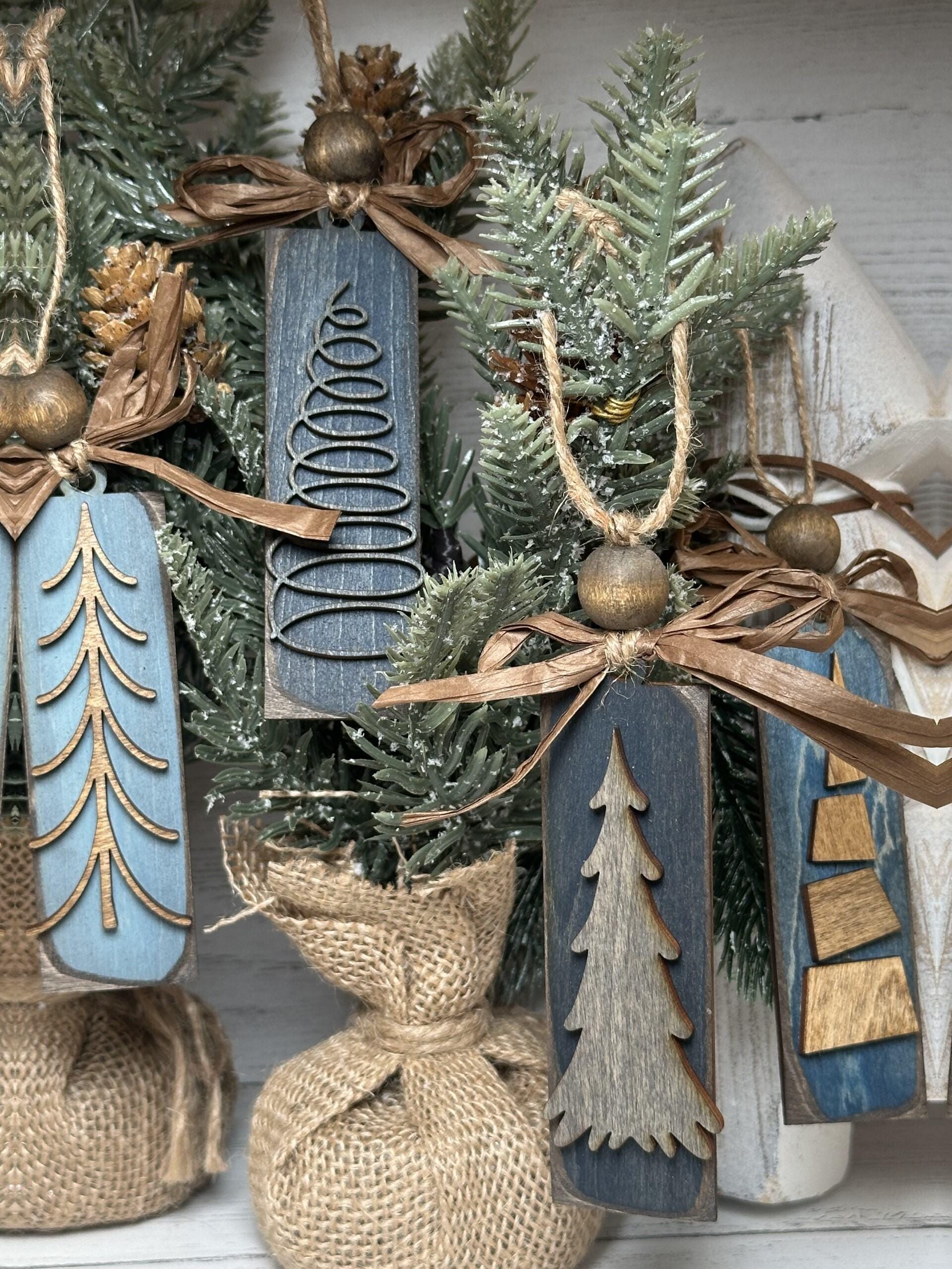 Rustic Christmas Tree Ornaments - Blues Grays and Browns Stained Vintage Bulk Winter Tree Holiday Ornament Handcrafted Wholesale