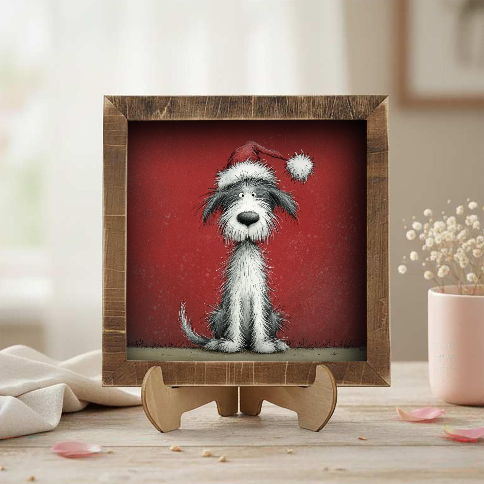 Funny Christmas Dog Framed Art | Whimsical Holiday Dog Illustration | Pet Lover Christmas Decor | Rustic Wood Frame | Easel Included