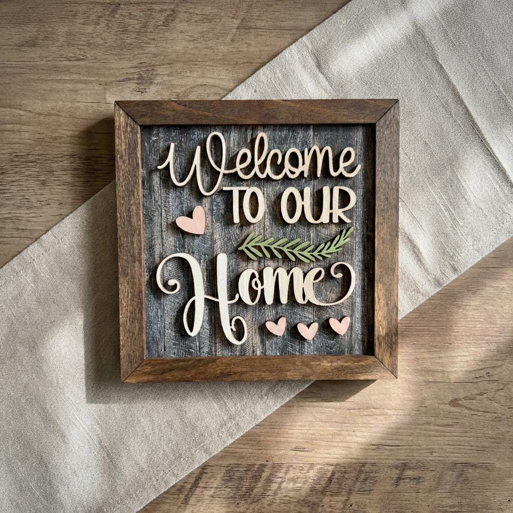 Welcome to Our Home Framed Wood Sign, Rustic Farmhouse Decor, Layered Wood Wall Art or Shelf Decor, Housewarming Gift