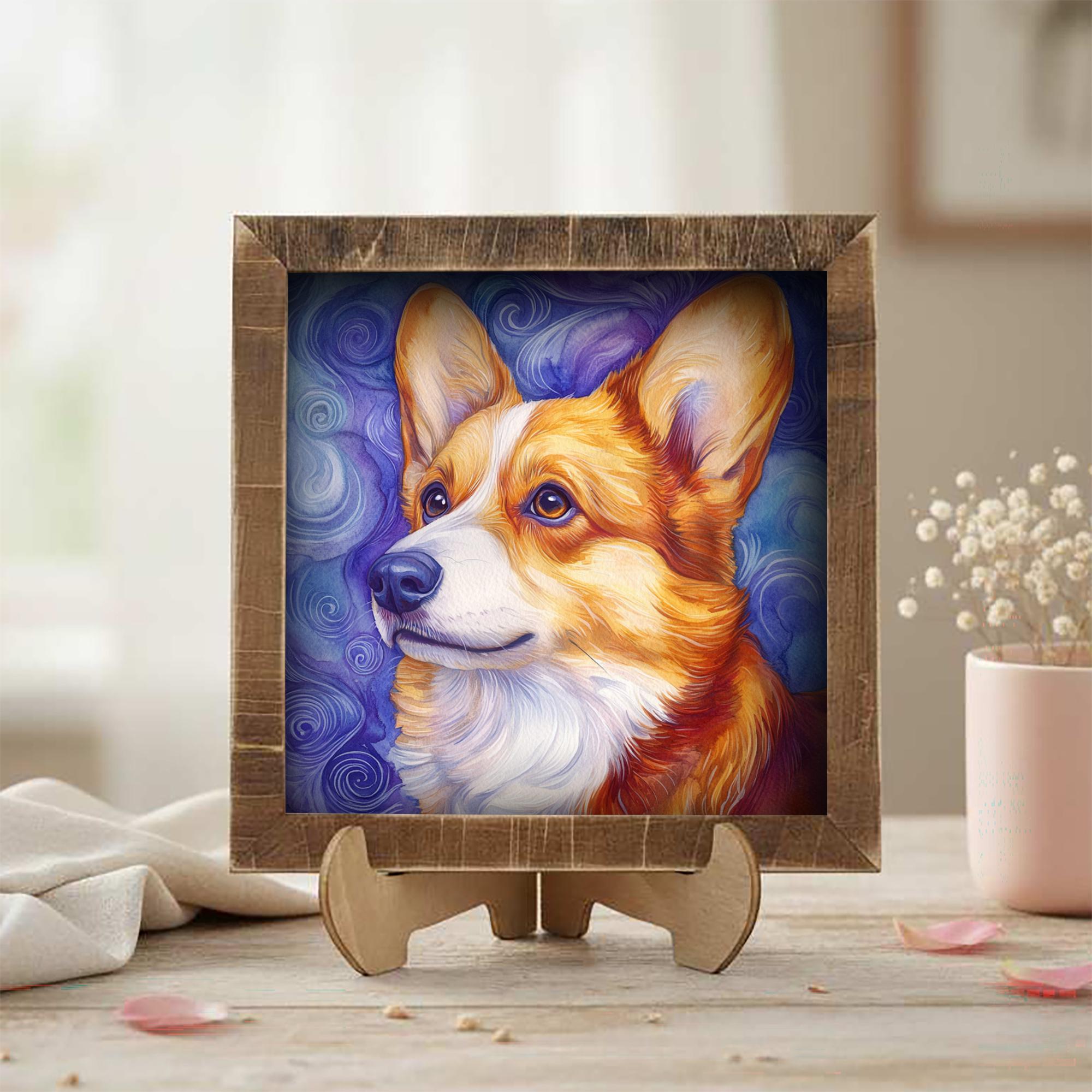 Red and white Corgi Dog Framed Art, Watercolor Corgi Portrait, 5.5 Inch Shelf Decor with Easel, Dog Lover Gift