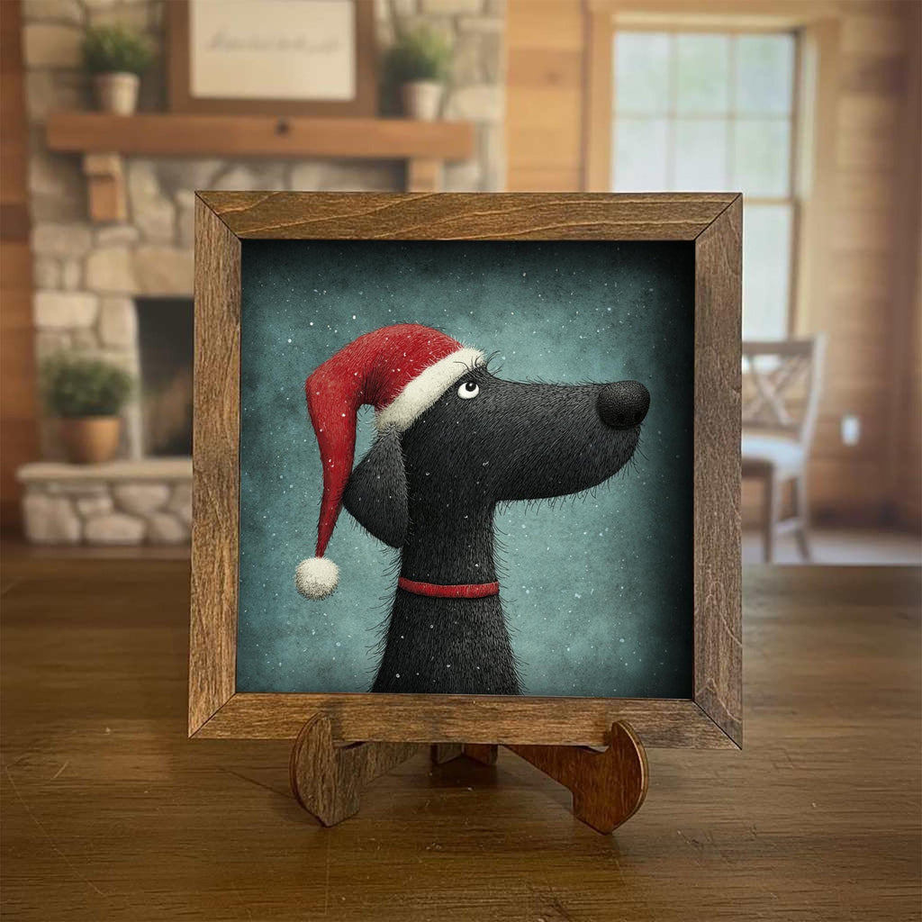 Christmas Dog Framed Art | Whimsical Holiday Dog Illustration | Pet Lover Christmas Decor | Rustic Farmhouse Frame | Easel Included