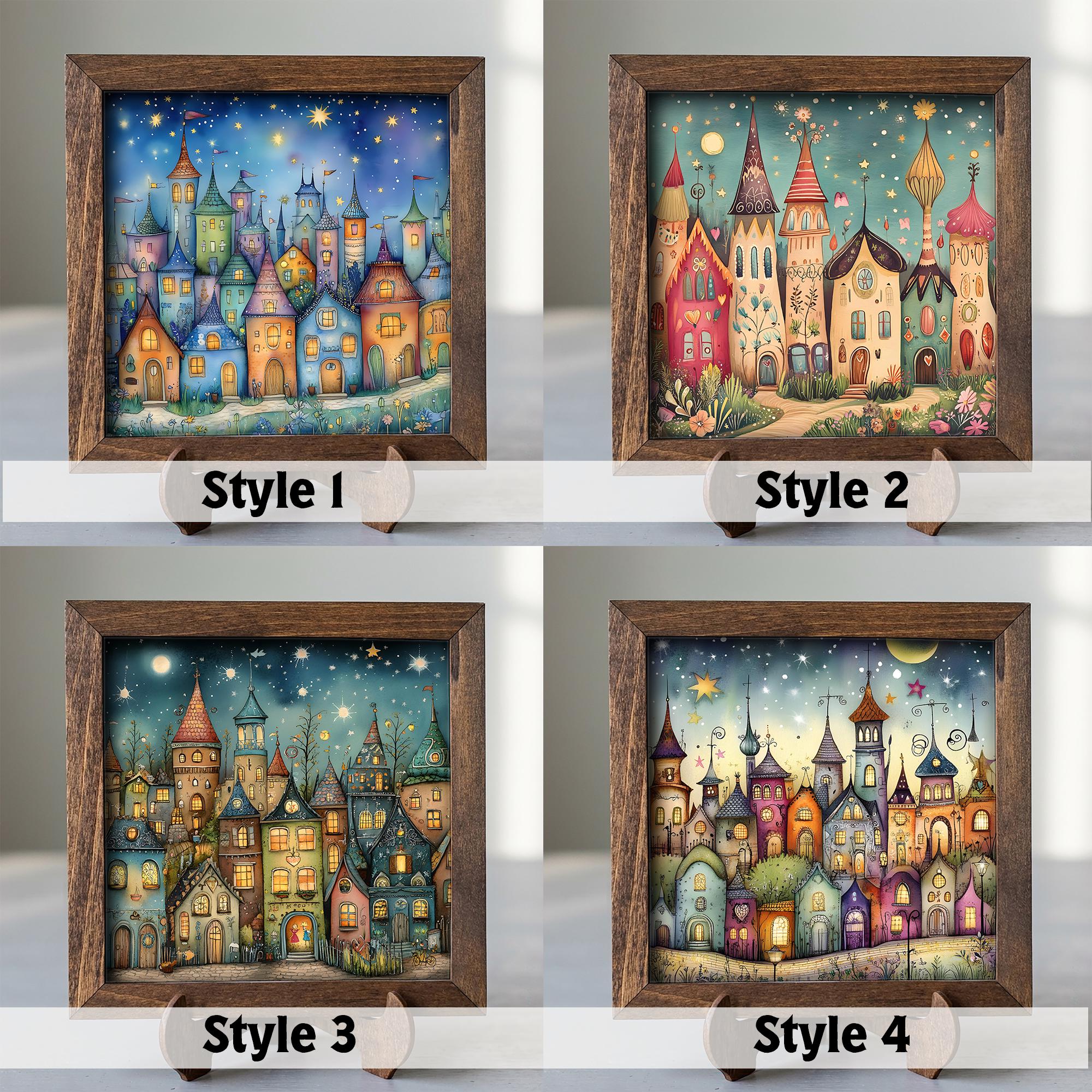 Whimsical Magical City Art, Colorful Fantasy Town Illustration, Playful Storybook Wall Art, 5.5 Inch Framed Shelf Decor