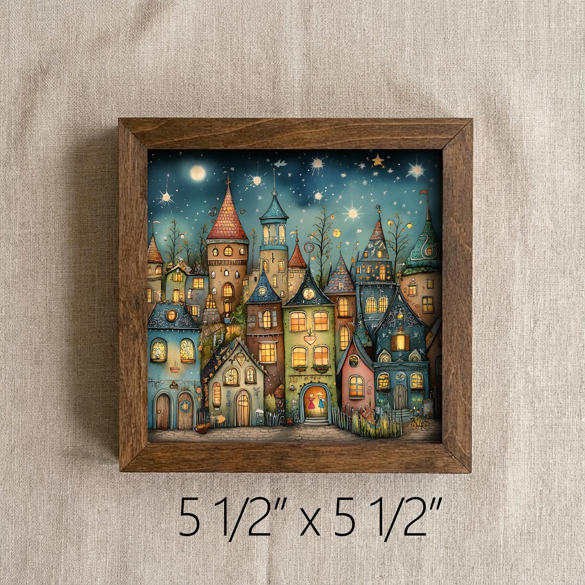 Whimsical Magical City Art, Colorful Fantasy Town Illustration, Playful Storybook Wall Art, 5.5 Inch Framed Shelf Decor