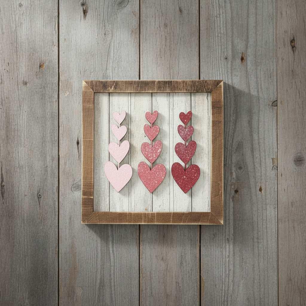 Tiered Heart Art Sign with Easel – 5.5” Square Shelf Decor – Rustic Farmhouse Tiered Tray Valentine Decor