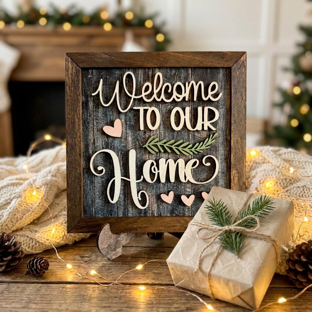 Welcome to Our Home Framed Wood Sign, Rustic Farmhouse Decor, Layered Wood Wall Art or Shelf Decor, Housewarming Gift