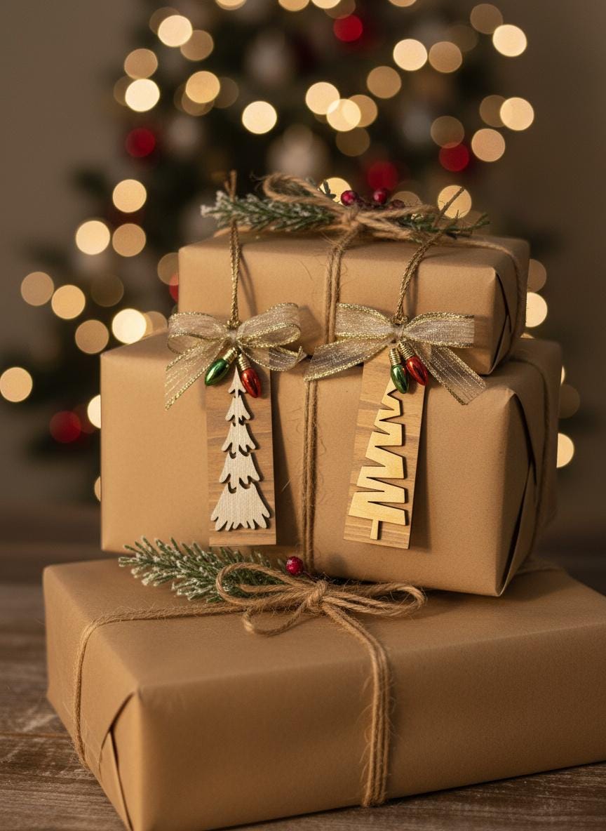 Rustic Christmas Tree Ornament Gift Set (3-Pack) – Neutral Farmhouse Holiday Décor – Ready to Gift Stocking Stuffers