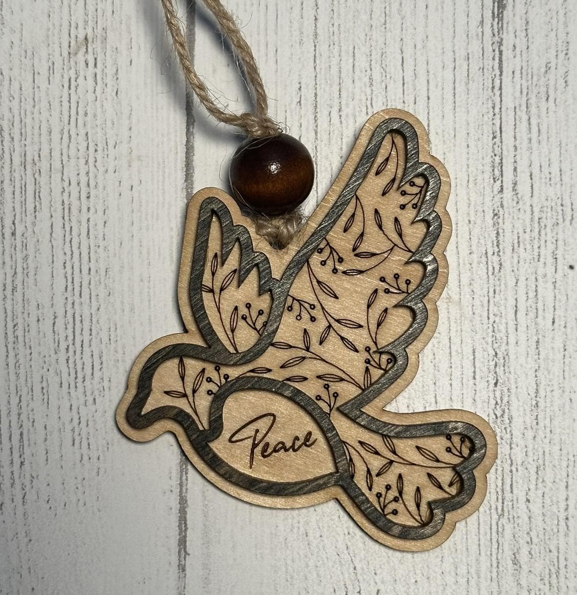 Rustic Peace Dove Christmas Ornaments – Handcrafted Wooden Ornaments - Bulk/Wholesale Options, Two-Tone Layered Design, Brown & Green Trim