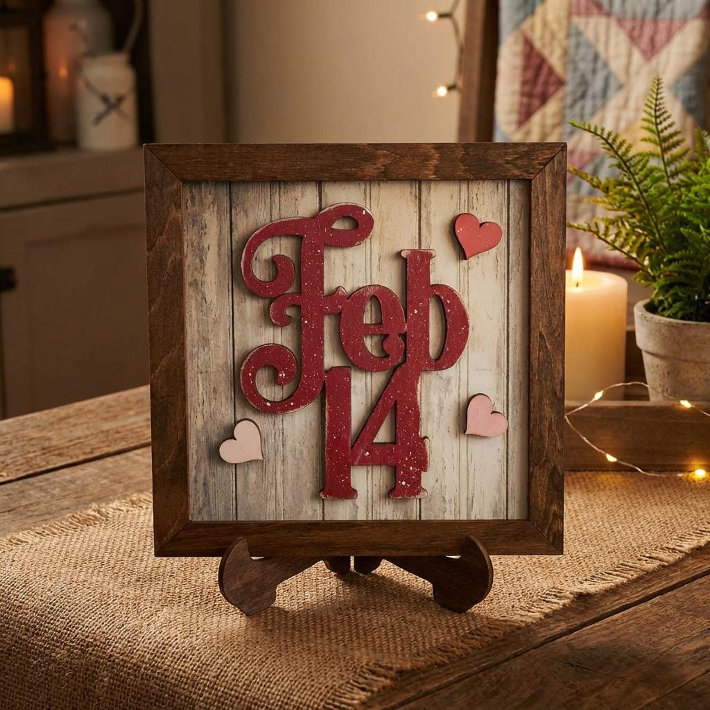 Feb 14 Valentine Sign, Layered Wood Framed Decor, Rustic Valentine Shelf Sign, Farmhouse Valentine Gift, Easel Included