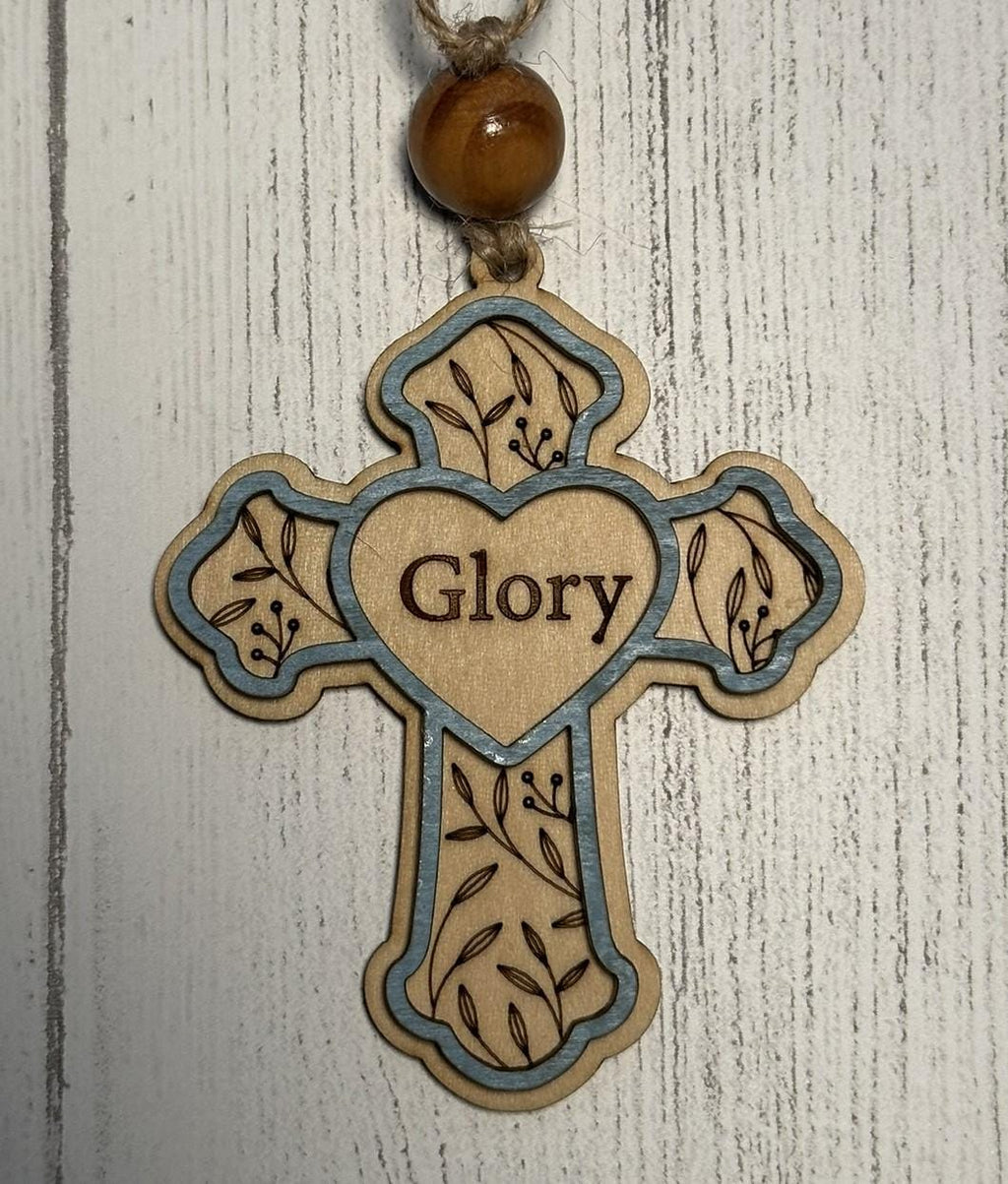 Rustic Cross Christmas Ornaments – Handcrafted Wooden "Glory" Cross Ornaments with Natural Bead, Two-Layer Design, Bulk/Wholesale Options