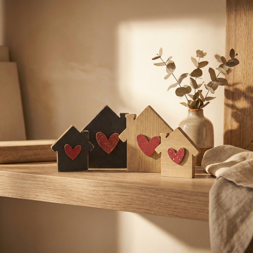 Reversible House Shelf Sitter Set, Rustic Home Decor Pair, Double-Sided Wood Houses with Hearts, Farmhouse Shelf Decor