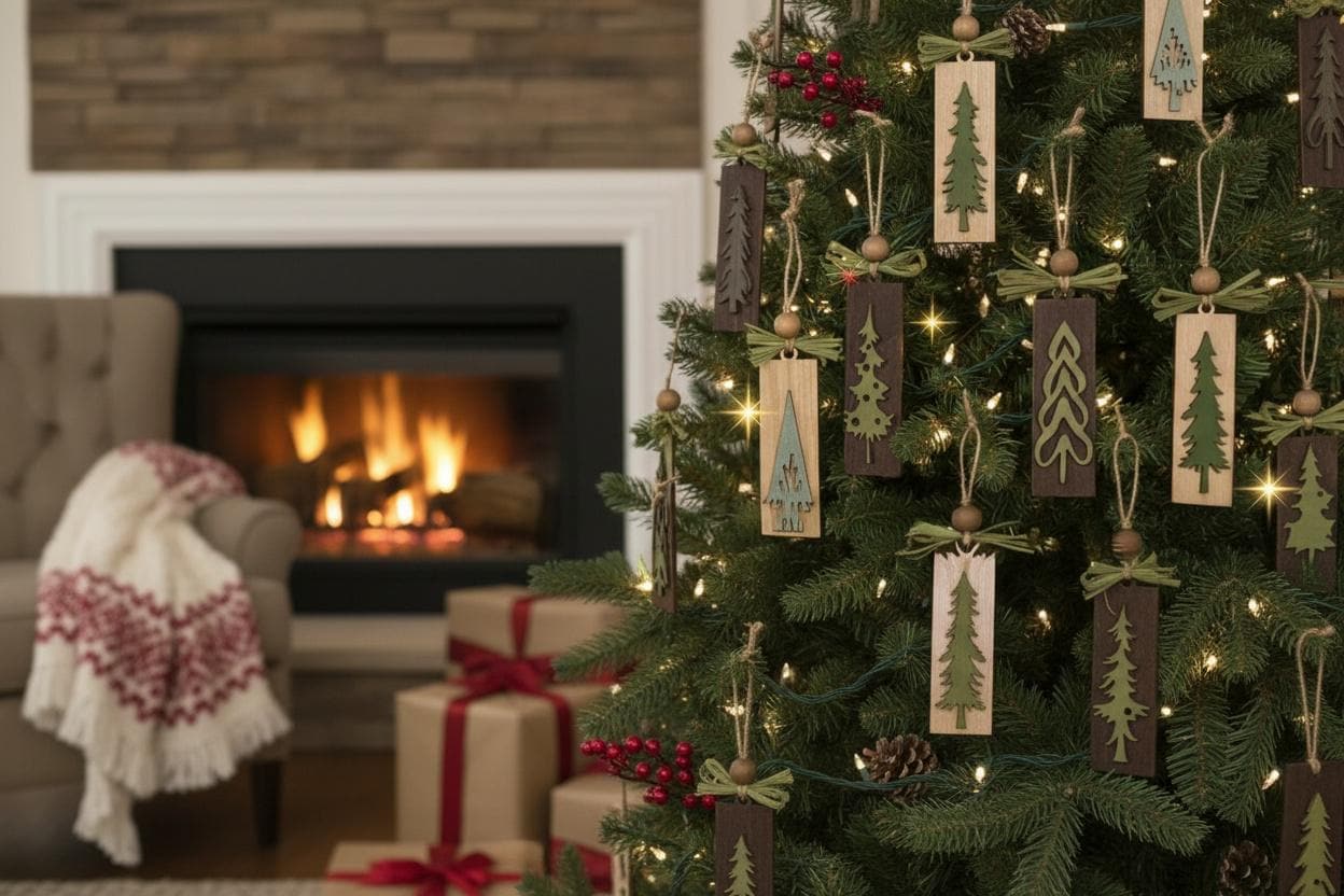 Rustic Christmas Tree Ornaments - Green Gray Brown Stained Vintage Gift Pack or Bulk Winter Tree Holiday Ornament Finished Handpainted