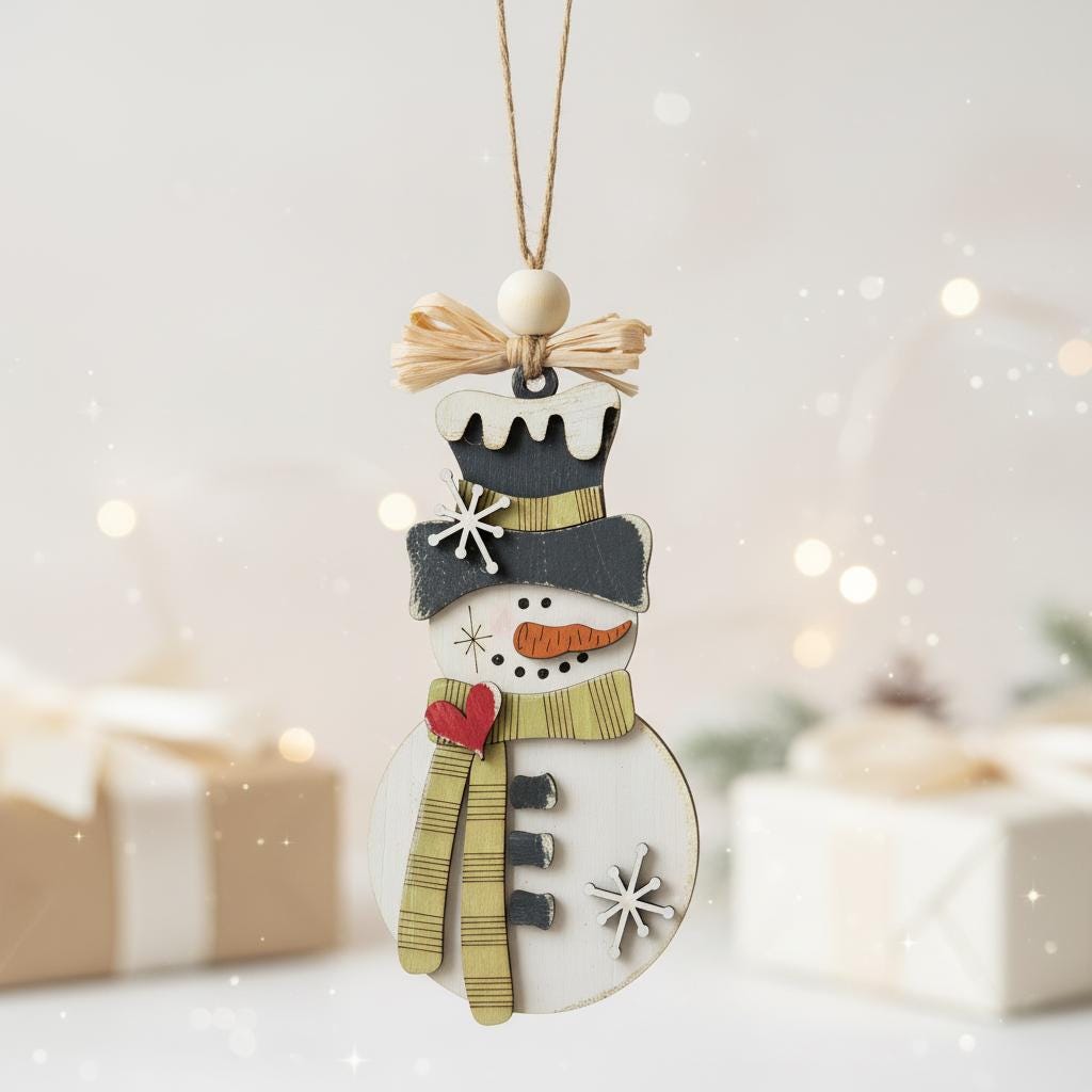 Handmade Rustic Snowman Ornament - Perfect Christmas Tree Decoration, Farmhouse Winter Holiday Decor, Layered Wood Snowman, Handmade Gift