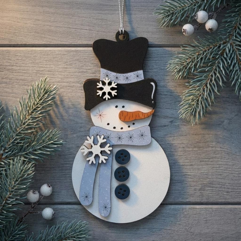 Rustic Snowman Ornament – Winter Blue Layered Wood Christmas Décor – Handmade Farmhouse Snowman, 3D Holiday Ornament, 5.5”