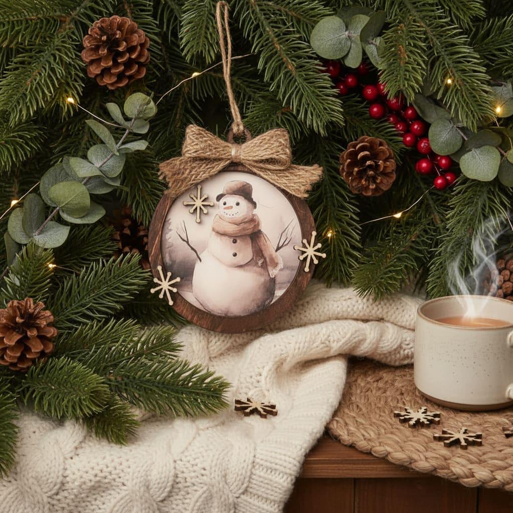 Rustic Snowman Christmas Ornament • Farmhouse Winter Decor • Layered Wood Ornament with Burlap Bow • Neutral Holiday Tree Decoration