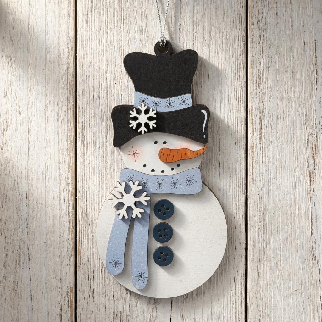 Rustic Snowman Ornament – Winter Blue Layered Wood Christmas Décor – Handmade Farmhouse Snowman, 3D Holiday Ornament, 5.5”