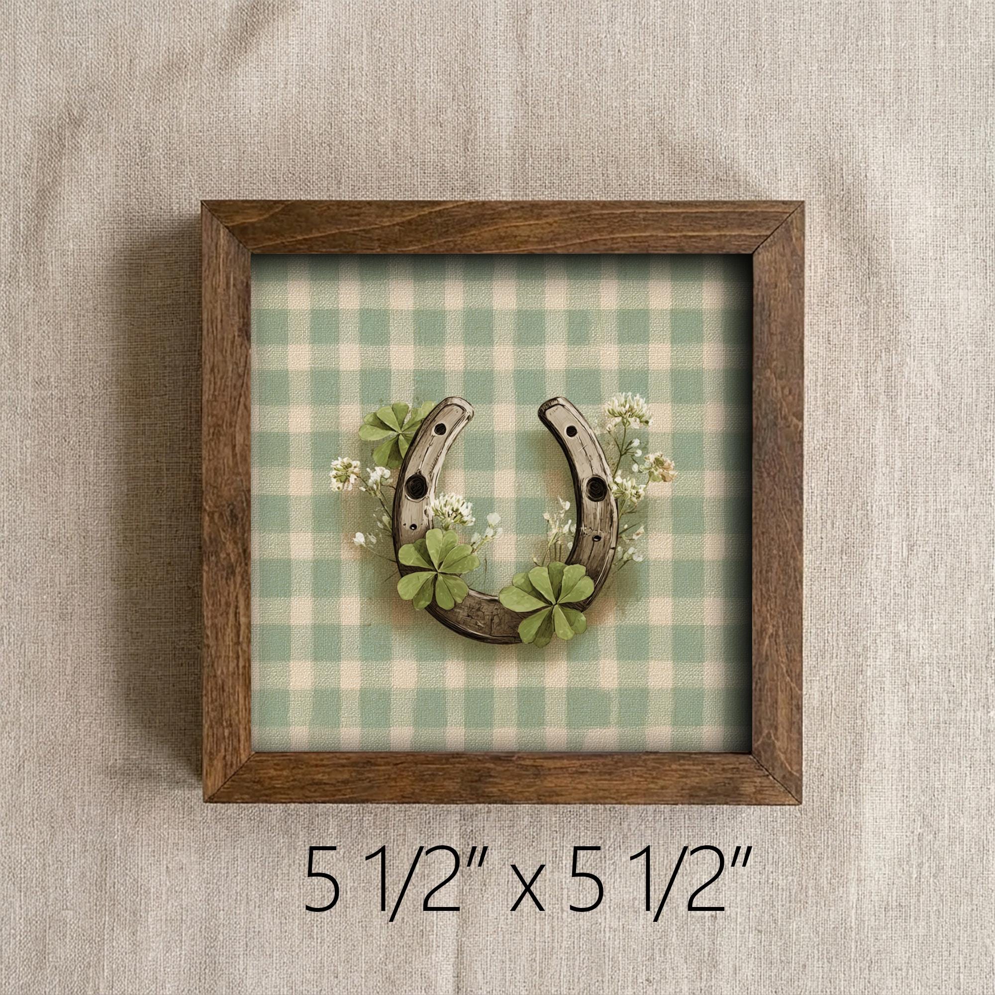 St Patrick’s Day Decor | Mini Framed Horseshoe Art | Gingham Shamrock Farmhouse Sign