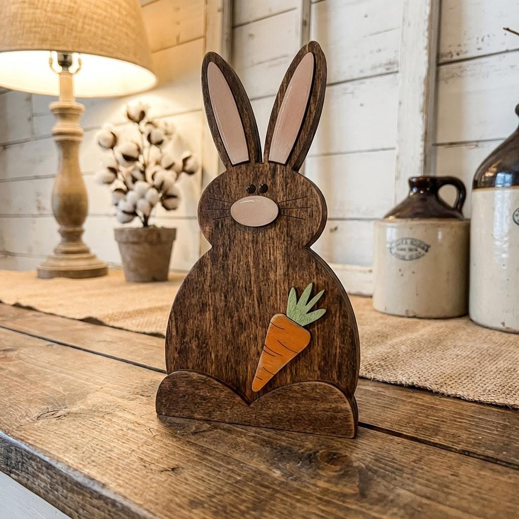 Farmhouse Bunny Trio Shelf Decor – Rustic Wooden Easter Bunnies – Tiered Tray Spring Decor – Neutral Bunny Set