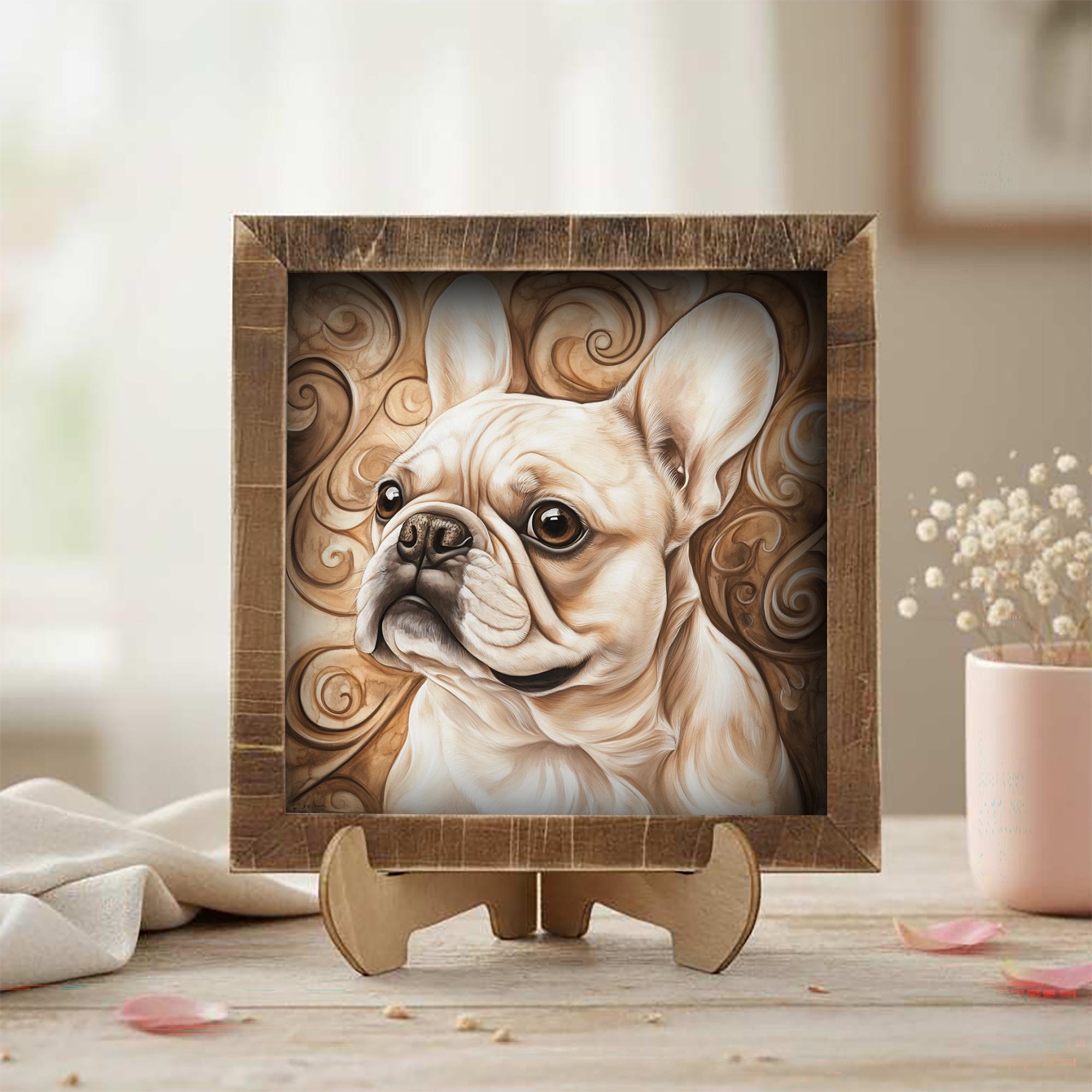 Fawn French Bulldog Dog Framed Art, Watercolor French Bulldog Portrait, 5.5 Inch Shelf Decor with Easel, Dog Lover Gift