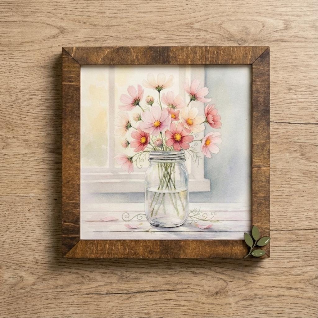 Cosmos Flower Wall Art Sign – Rustic Mason Jar, Leaf Embellishment