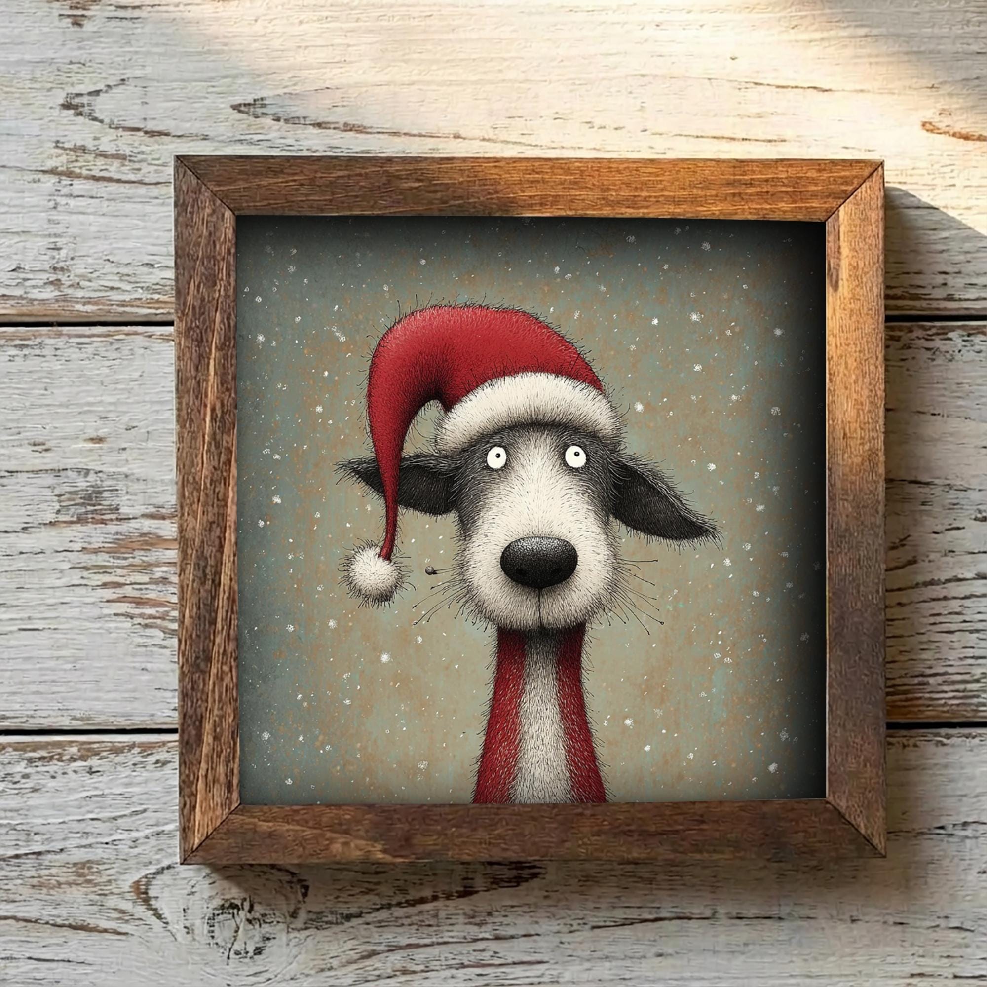 Funny Christmas Dog Framed Art | Whimsical Holiday Dog Illustration | Pet Lover Christmas Decor | Rustic Wood Frame | Easel Include